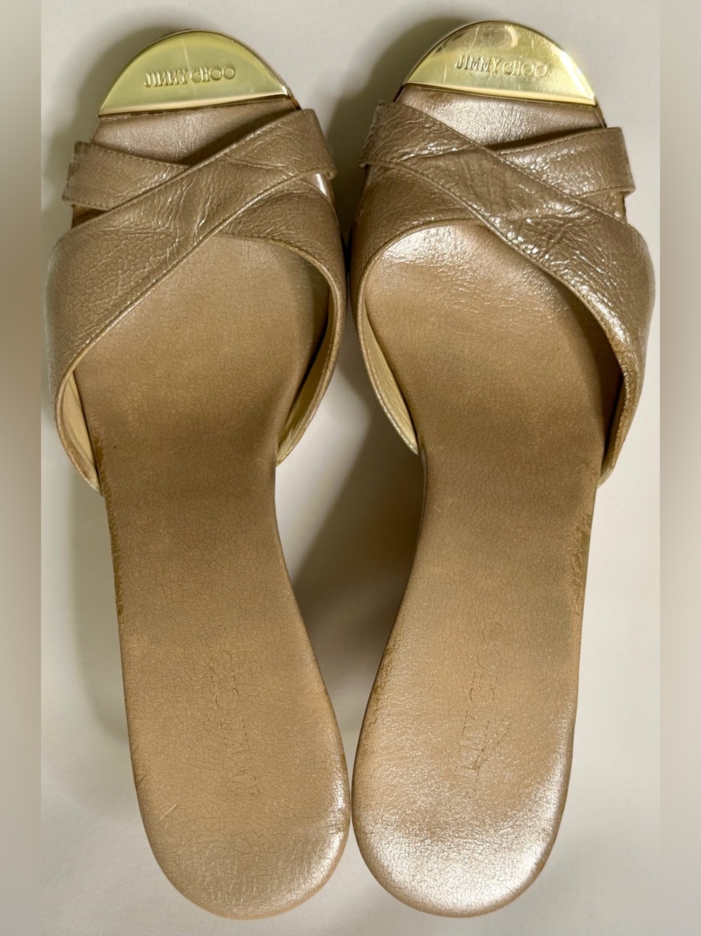 Jimmy Choo Metallic Rose Gold Leather Cork Wedge Sandals Size 38.5 - Picture 7 of 13